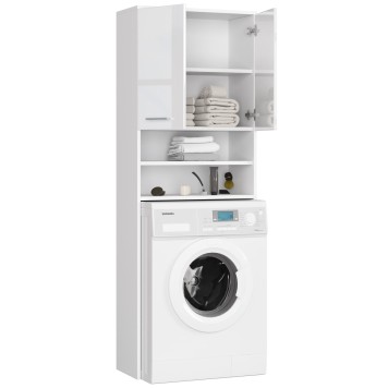 Meuble machine a laver 2 portes façade Blanc brillant 4 étagères 64x30x180 cm