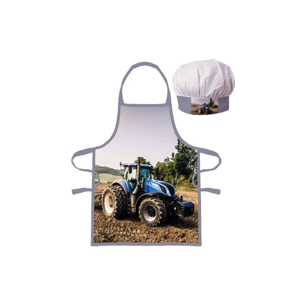 Tractor Blue children's apron 2-piece set