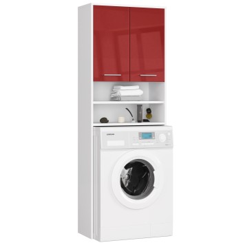 Meuble machine a laver 2 portes Rouge brillant 4 étagères 64x30x180 cm