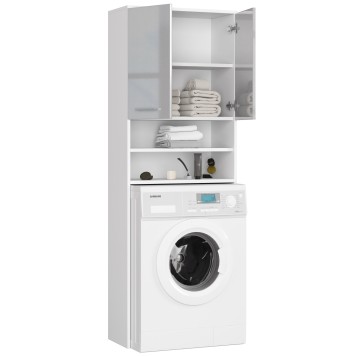 Meuble machine a laver 2 portes façade Blanc Métallisé brillant  4 étagères 64x30x180 cm