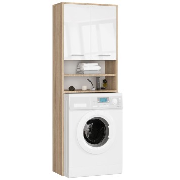 Meuble machine a laver 2 portes Blanc brillant couleur bois 4 étagères 64x30x180 cm