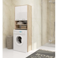 Meuble machine a laver 2 portes Blanc brillant couleur bois 4 étagères 64x30x180 cm