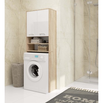 Meuble machine a laver 2 portes Blanc brillant couleur bois 4 étagères 64x30x180 cm