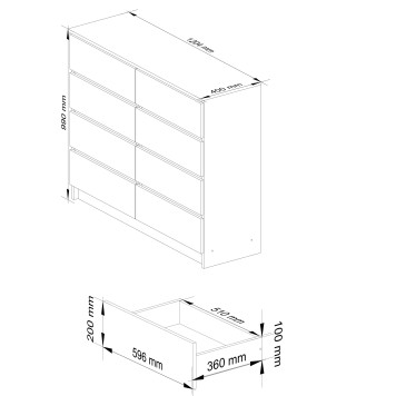 Buffet Blanc LOUISA 8 Tiroirs Façade Gris Brillant 120x40x99 Cm