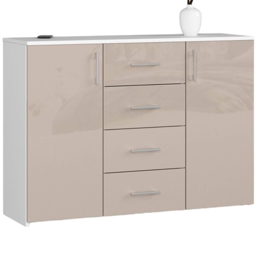 Commode Buffet MARUS 4 tiroirs 2 portes 110 x 35 x 80 cm Blanc Facade capuccino brillant