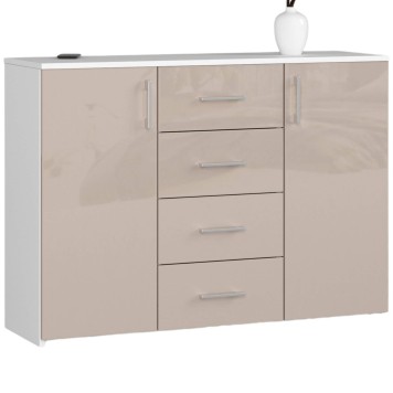 Commode Buffet MARUS 4 tiroirs 2 portes 110 x 35 x 80 cm Blanc Facade capuccino brillant