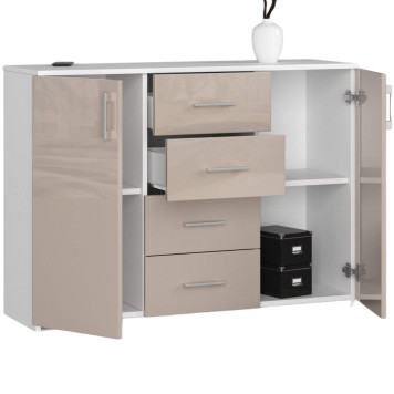Commode Buffet MARUS 4 tiroirs 2 portes 110 x 35 x 80 cm Blanc Facade capuccino brillant