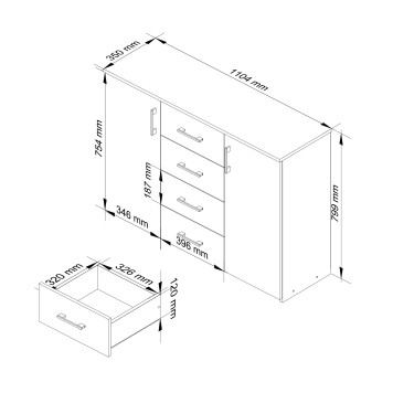 Commode Buffet MARUS 4 tiroirs 2 portes 110 x 35 x 80 cm Blanc Facade capuccino brillant