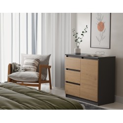 Commode NALA 1 porte 3 tiroirs 80x40X75 cm Marron Gris