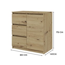 Commode NALA 1 porte 3 tiroirs 80x40X75 cm Bois naturel