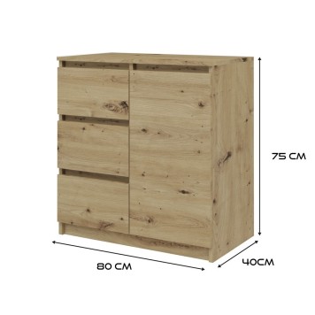 Commode NALA 1 porte 3 tiroirs 80x40X75 cm Bois naturel