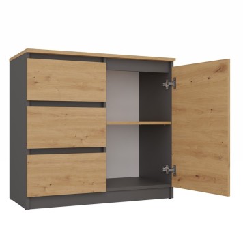 Commode NALA 1 porte 3 tiroirs 80x40X75 cm Bois naturel Anthracite
