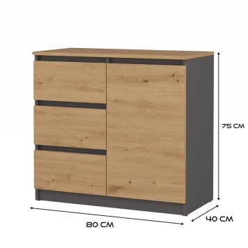 Commode NALA 1 porte 3 tiroirs 80x40X75 cm Bois naturel Anthracite