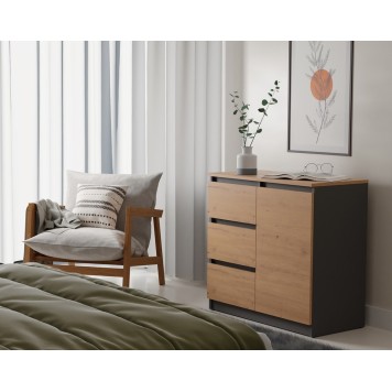 Commode NALA 1 porte 3 tiroirs 80x40X75 cm Bois naturel Anthracite