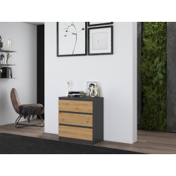 Commode ISIDOR 3 tiroirs  70x40x75 cm Anthracite - Chêne Artisan