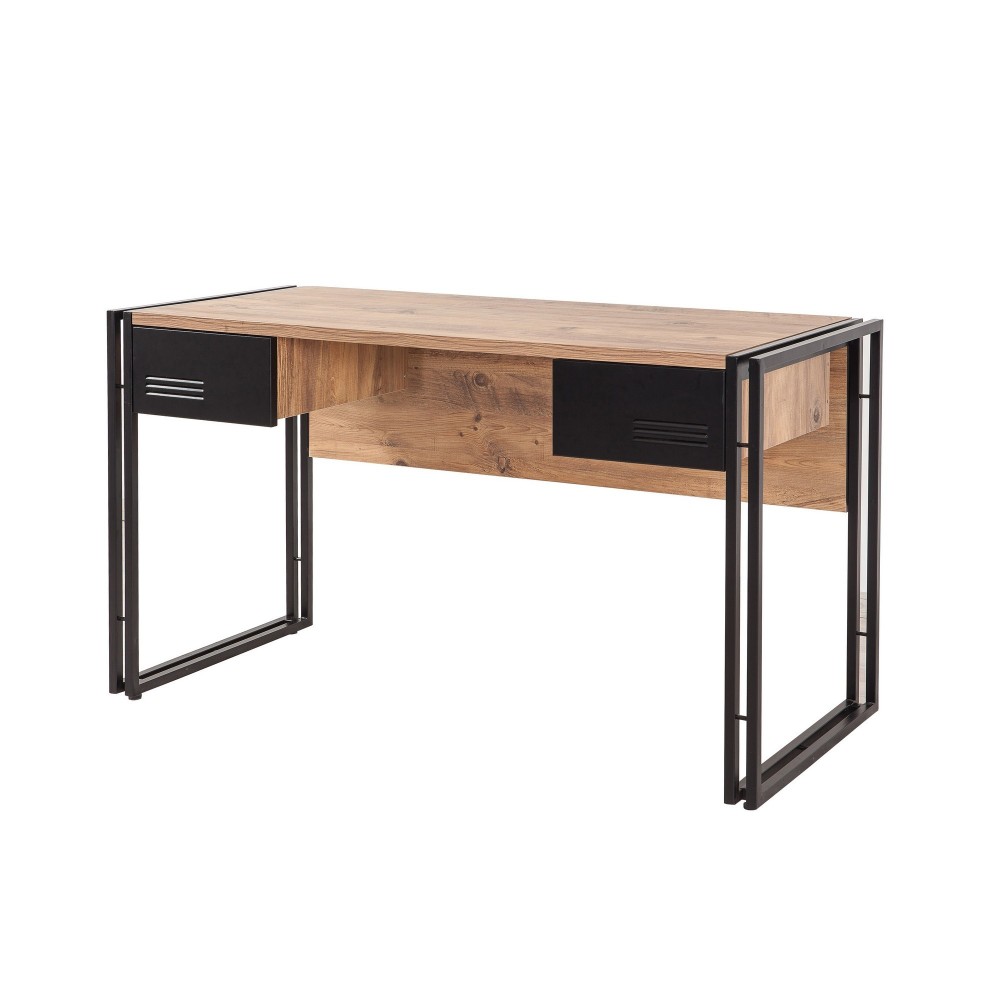 Bureau 2 tiroirs style industriel bois chêne clair et métal noir Dukita 139cm Bureau 2 tiroirs style industriel bois chêne clair et métal noir Dukita 139cm