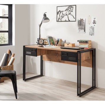 Bureau 2 tiroirs style industriel bois chêne clair et métal noir Dukita 139cm