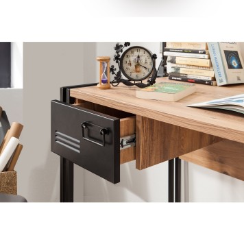 Bureau 2 tiroirs style industriel bois chêne clair et métal noir Dukita 139cm