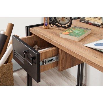Bureau 2 tiroirs style industriel bois chêne clair et métal noir Dukita 139cm
