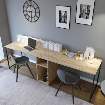 Bureau Double Adelix 240cm Bois Chêne Et Métal Noir