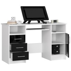 Bureau POLO Bois MDF 1 Porte 3 Tiroirs Façade Noir Brillant 5 Étagères 124x52x74 Cm