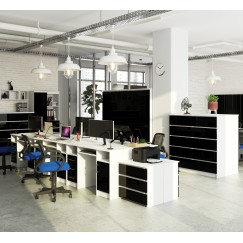 Bureau POLO Bois MDF 1 Porte 3 Tiroirs Façade Noir Brillant 5 Étagères 124x52x74 Cm