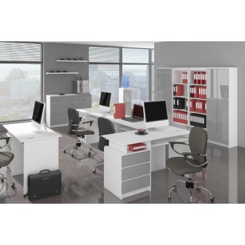 Bureau ERINO Bois MDF  Blanc  Gauche 4 tiroirs facade  Gris clair Brillant 90x50x77 cm