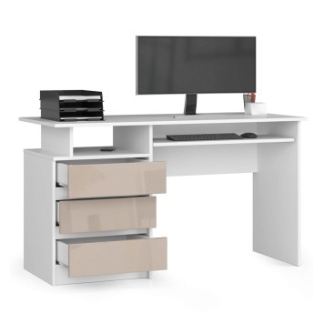 Bureau ERINO Bois MDF  Blanc  Gauche 4 tiroirs facade capucino Brillant 90x50x77 cm