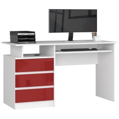Bureau ERINO Bois MDF  Blanc  Gauche 4 tiroirs facade rouge Brillant 90x50x77 cm