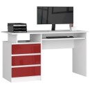 Bureau ERINO Bois MDF  Blanc  Gauche 4 tiroirs facade rouge Brillant 90x50x77 cm