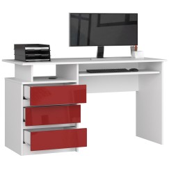 Bureau ERINO Bois MDF  Blanc  Gauche 4 tiroirs facade rouge Brillant 90x50x77 cm