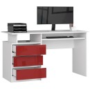 Bureau ERINO Bois MDF  Blanc  Gauche 4 tiroirs facade rouge Brillant 90x50x77 cm