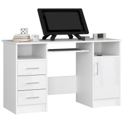 Bureau POLO Bois MDF 1 Porte 3 Tiroirs Façade Blanc Brillant 5 Étagères 124x52x74 Cm