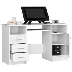 Bureau POLO Bois MDF 1 Porte 3 Tiroirs Façade Blanc Brillant 5 Étagères 124x52x74 Cm