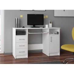 Bureau POLO Bois MDF 1 Porte 3 Tiroirs Façade Blanc Brillant 5 Étagères 124x52x74 Cm