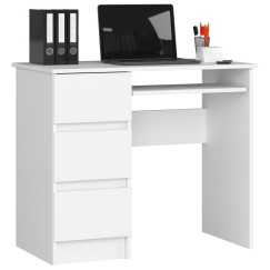 Bureau RICCI Gauche Blanc Bois MDF 3 tiroirs 1 étagère 90x50x77 cm