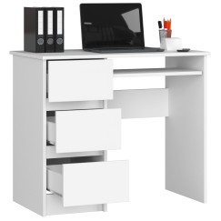 Bureau RICCI Gauche Blanc Bois MDF 3 tiroirs 1 étagère 90x50x77 cm