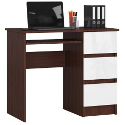 Bureau RICCI Droite Marron Bois MDF 3 tiroirs façade Blanche 1 étagère 90x50x77 cm