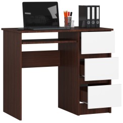 Bureau RICCI Droite Marron Bois MDF 3 tiroirs façade Blanche 1 étagère 90x50x77 cm