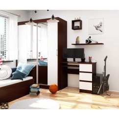 Bureau RICCI Droite Marron Bois MDF 3 tiroirs façade Blanche 1 étagère 90x50x77 cm
