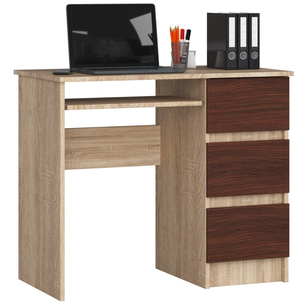 Bureau RICCI Droite Marron Bois MDF 3 tiroirs  1 étagère 90x50x77 cm