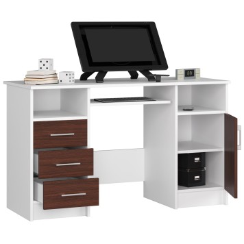 Bureau POLO Bois MDF 1 Porte 3 Tiroirs Façade Marron 5 Étagères 124x52x74 Cm