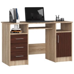 Bureau POLO Bois MDF 1 Porte 3 Tiroirs Marron 5 Étagères 124x52x74 Cm