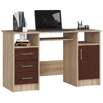 Bureau POLO Bois MDF 1 Porte 3 Tiroirs Marron 5 Étagères 124x52x74 Cm