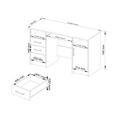 Bureau POLO Bois MDF 1 Porte 3 Tiroirs Façade Blanc 5 Étagères 124x52x74 Cm