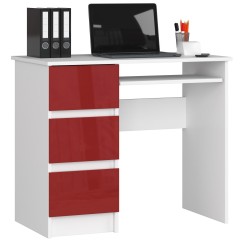 Bureau RICCI Gauche Blanc Bois MDF 3 tiroirs façade Rouge Brillant 1 étagère 90x50x77 cm
