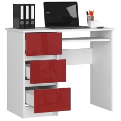 Bureau RICCI Gauche Blanc Bois MDF 3 tiroirs façade Rouge Brillant 1 étagère 90x50x77 cm