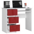 Bureau RICCI Gauche Blanc Bois MDF 3 tiroirs façade Rouge Brillant 1 étagère 90x50x77 cm