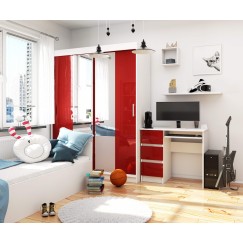 Bureau RICCI Gauche Blanc Bois MDF 3 tiroirs façade Rouge Brillant 1 étagère 90x50x77 cm