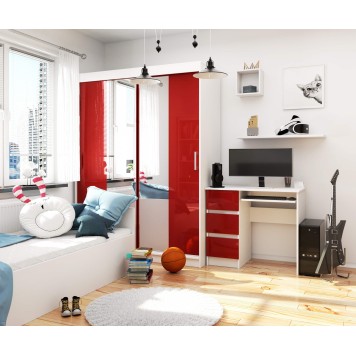 Bureau RICCI Gauche Blanc Bois MDF 3 tiroirs façade Rouge Brillant 1 étagère 90x50x77 cm